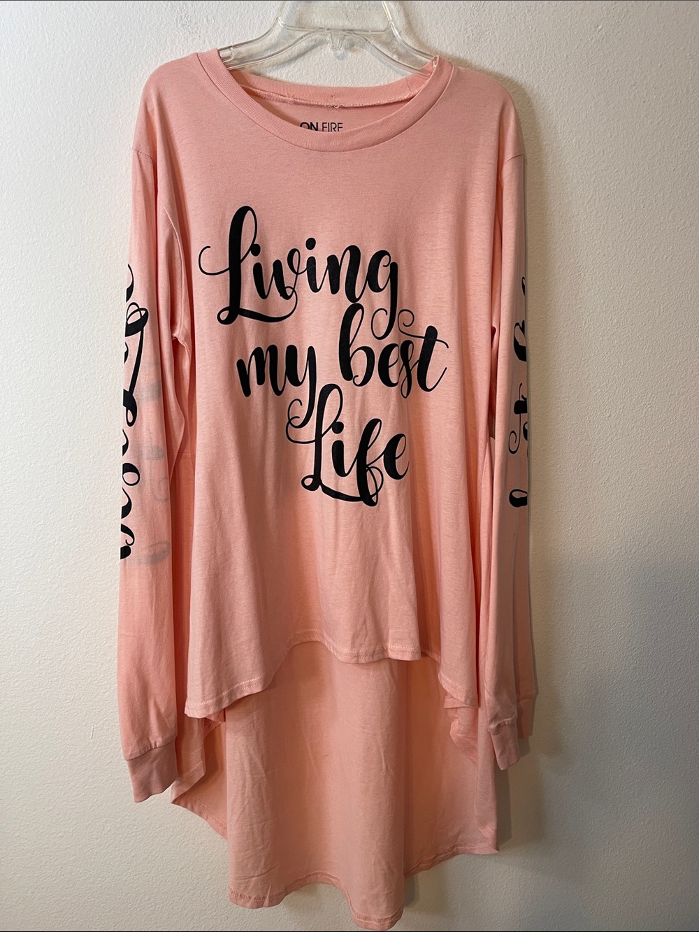 NWT On Fire Graphic Living My Best Life Long-Sleeve Top Pinky-Peach